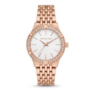 Michael Kors rose gold wristwatch with a crystal studded bezel, white dial, and rose gold linked bracelet. Multiple angles show front, side, back engraving, clasp, and detailed craftsmanship.