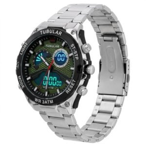 Tubular silver wristwatch with analog and digital display, black bezel, and illuminated screen